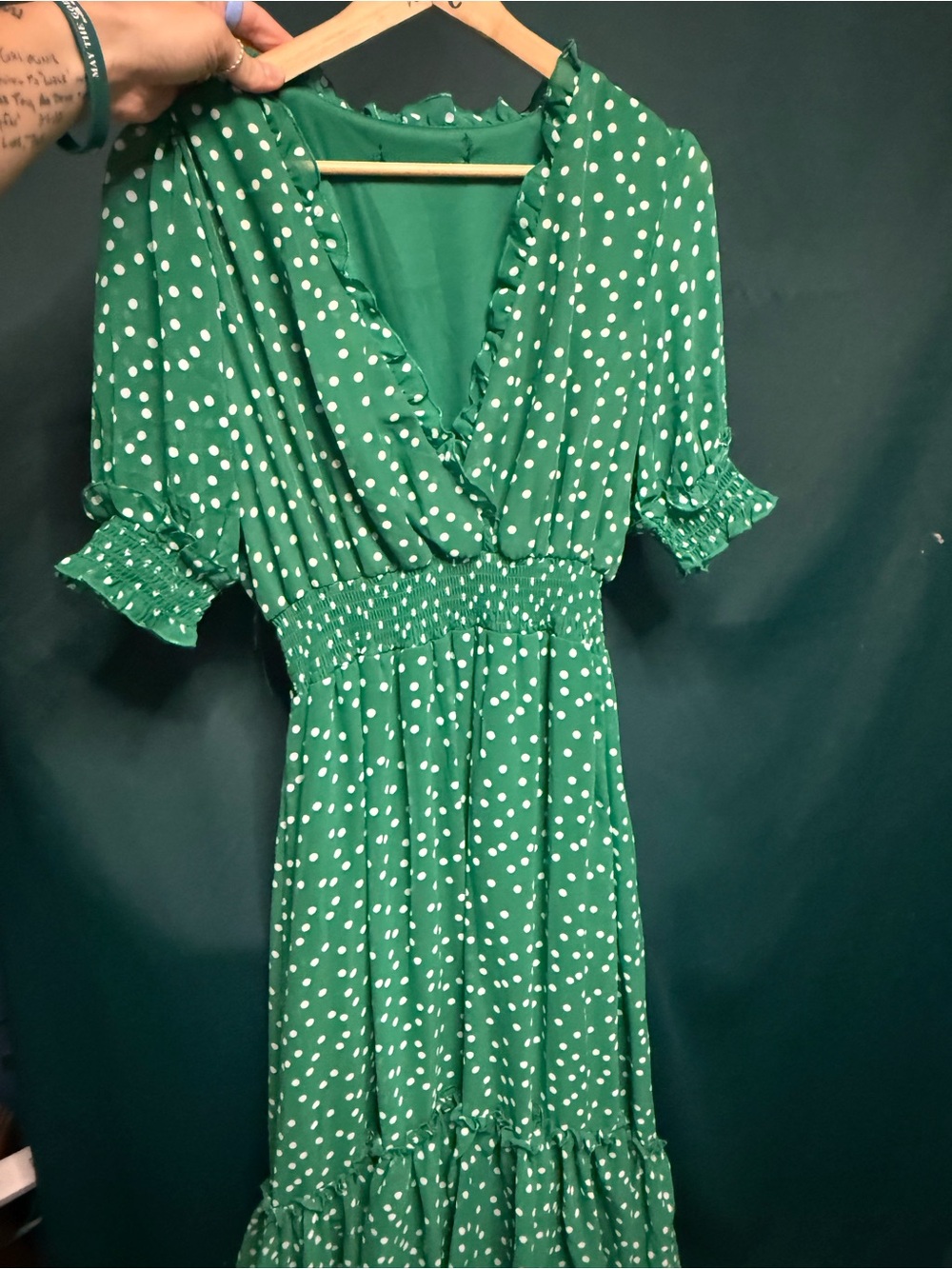 H&M Green Polka Dot V-Neck Tiered Midi Dress